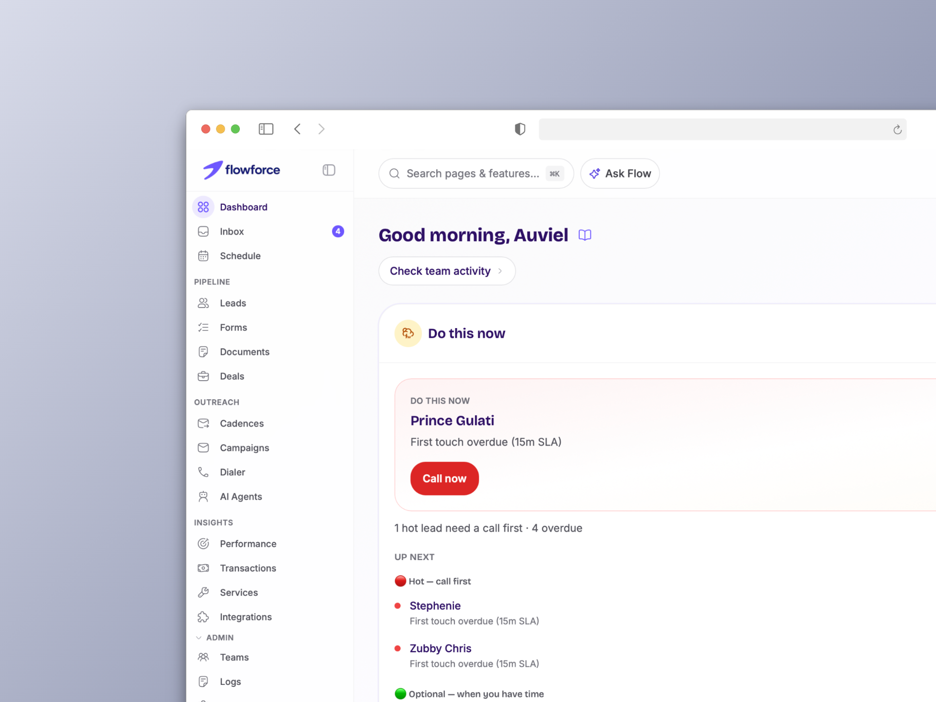 Flowforce dashboard with the left sidebar showing Dashboard, Inbox, Schedule, Contacts or Leads, Listings, Deals, Cadences, Campaigns, Dialer, AI Agents, Performance, Integrations, and Admin.